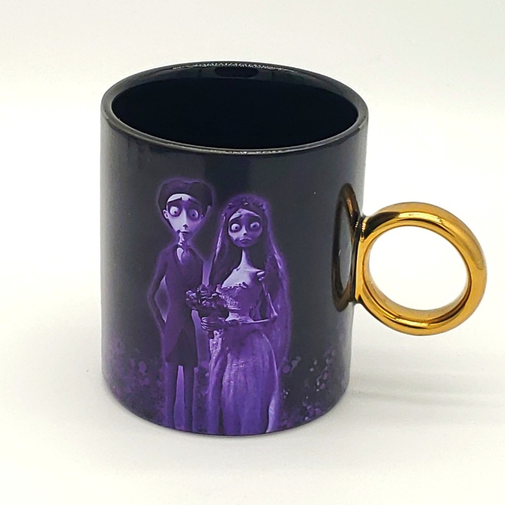 Gothic Corpse Bride Ceramic Mug Gold Handle Spooky Victor Emily Dark Fantasy